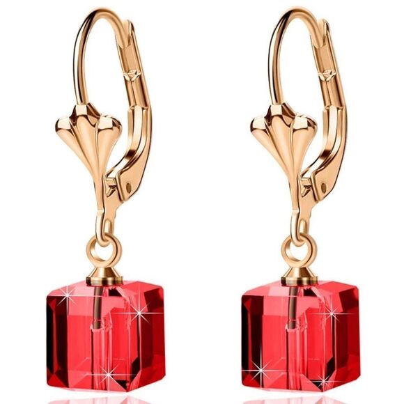 14K Yellow Gold with Ruby Red Austrian Crystal Cube Leverback Dangling Earrings - Picture 1 of 7